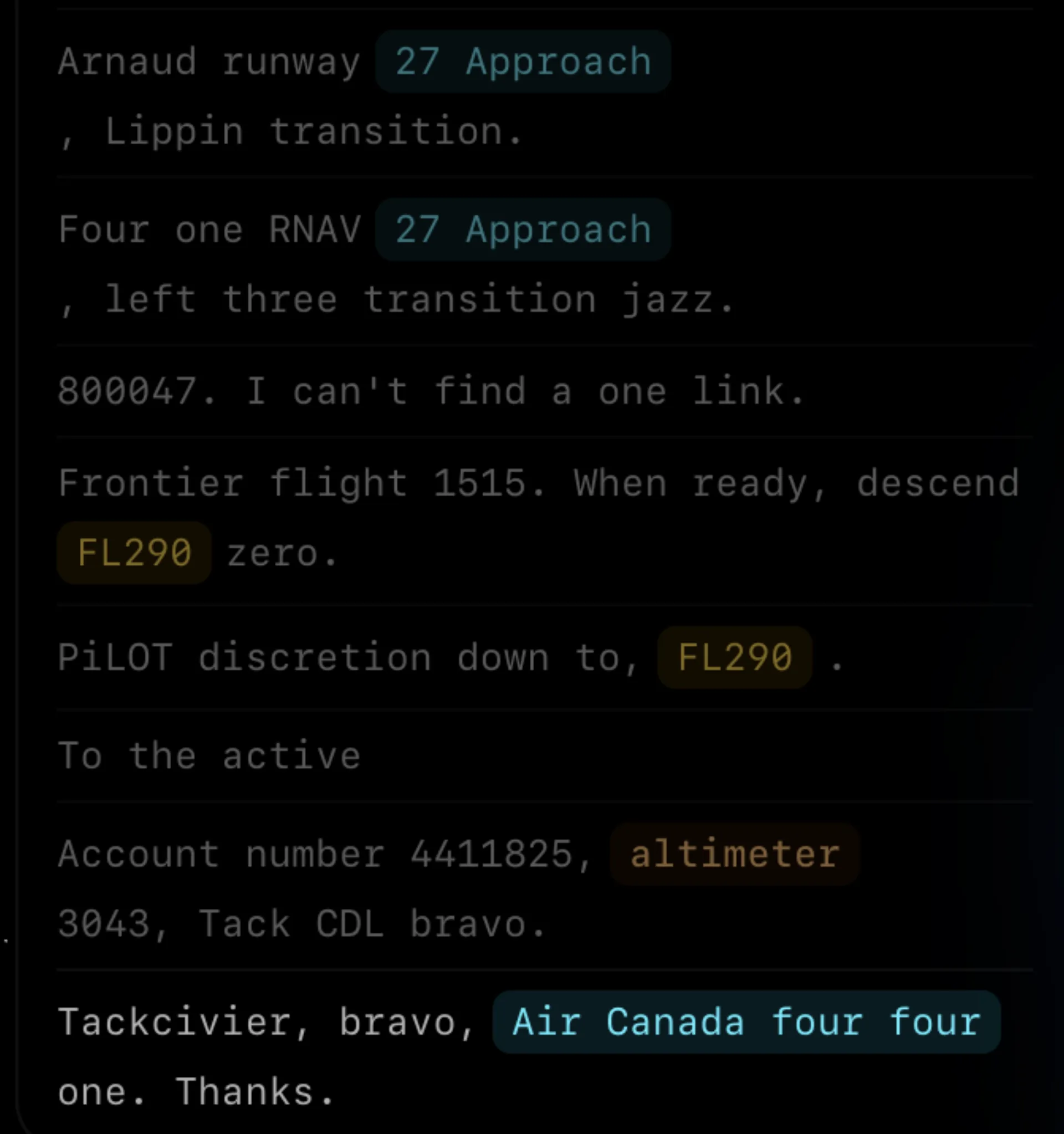 VATRADIO — AI highlighting callsigns, altitudes, and clearances in the live transcript